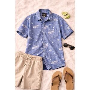 Corona Men’s Reverse Print Aloha Hawaiian Button-Up Shirt Blue Cotton Size L
